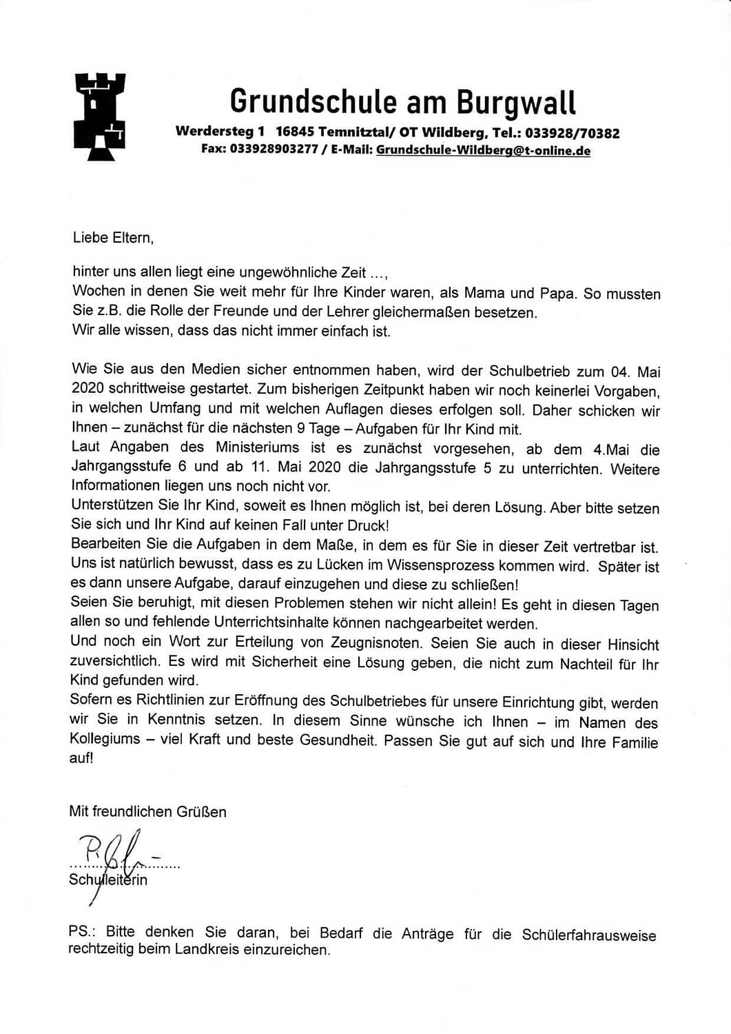 Elternbrief Grundschule am Burgwall Temnitz Wildberg